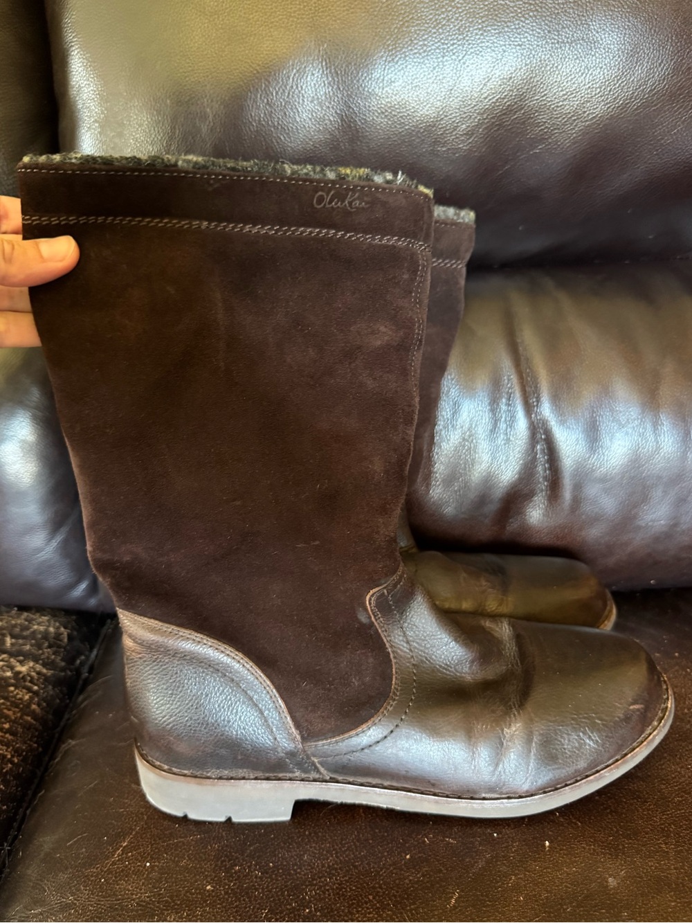 Women's Winter Olukai Brown Suede Leather Haleakala Boots sz 9.5 Rubber Sole